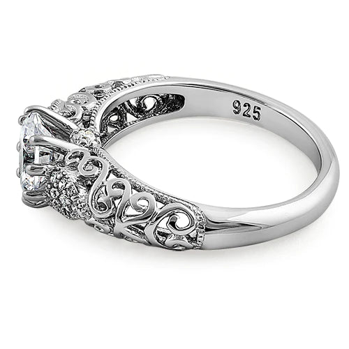 JB:SEZ6183 Sterling Silver Majestic Filigree Round Cut CZ Engagement Ring