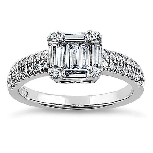 JB:DRZ6169 Sterling Silver Baguette Straight & Round Cut Clear CZ Engagement Ring It