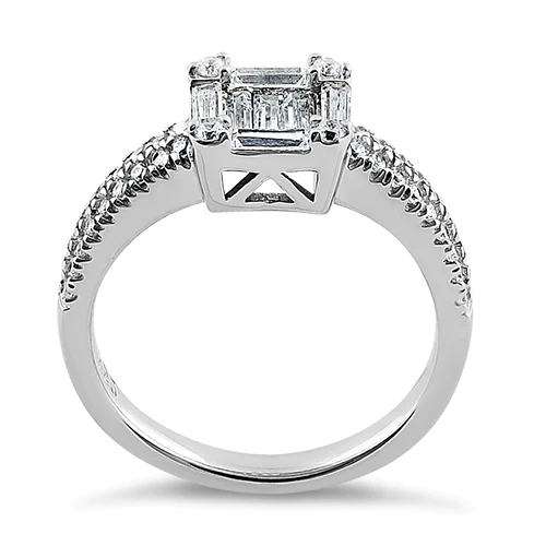 JB:DRZ6169 Sterling Silver Baguette Straight & Round Cut Clear CZ Engagement Ring It