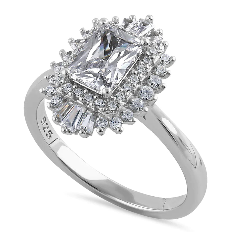 JB:SRZ6367 Sterling Silver Vintage Emerald Halo Clear CZ Engagement Ring