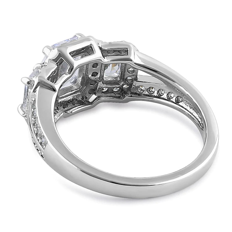 JB:SRZ6391 Sterling Silver Triple Rectangular Halo Clear CZ Engagement Ring