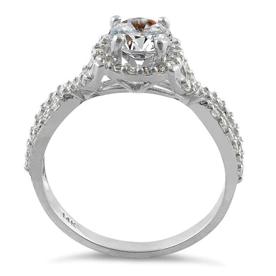 JB:ORZ205 Solid 14K White Gold Twist Round Halo Engagement Clear CZ Ring