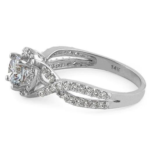 JB:ORZ205 Solid 14K White Gold Twist Round Halo Engagement Clear CZ Ring