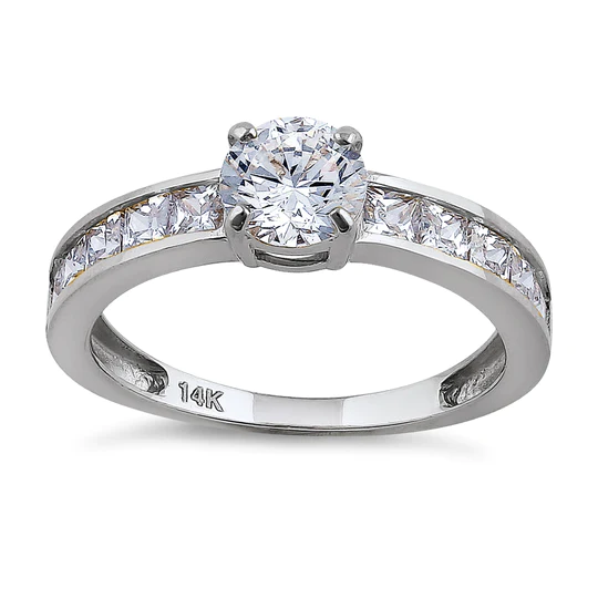 JB:ORZ137 Solid 14K White Gold Round & Princess Cut CZ Engagement Ring