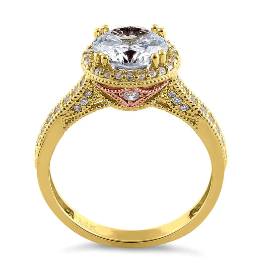 JB:ORZ151 Solid 14K Yellow Gold & Rose Gold Plated Round Cut Halo CZ Engagement Ring