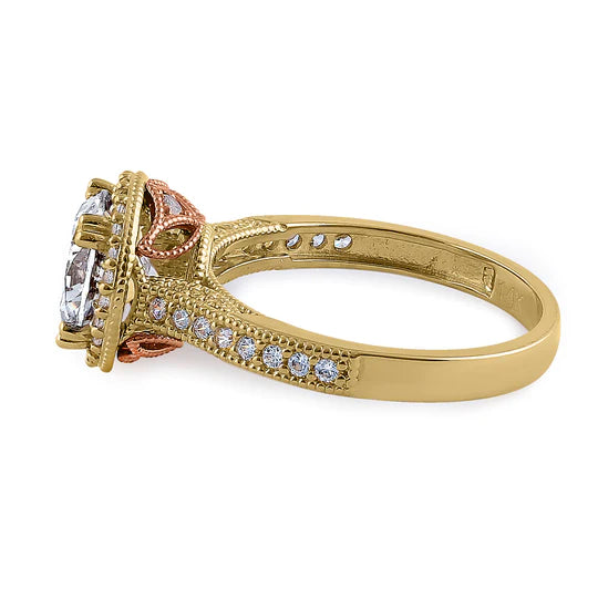 JB:ORZ151 Solid 14K Yellow Gold & Rose Gold Plated Round Cut Halo CZ Engagement Ring