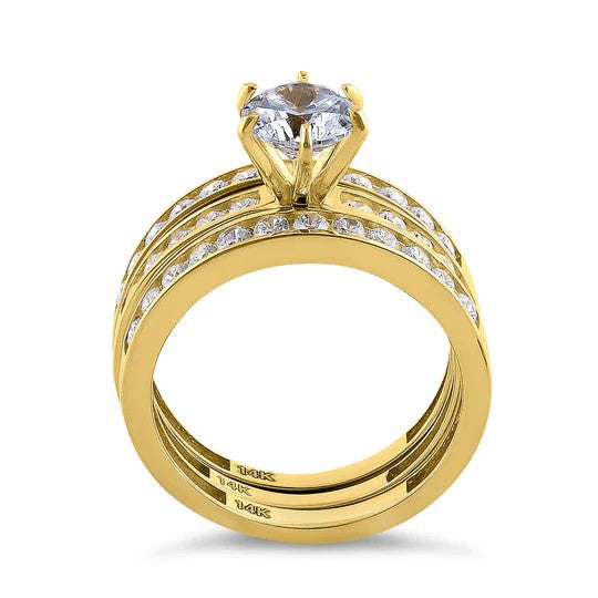 JB:ORZ160 Solid 14K Yellow Gold Round Cut Triple CZ Ring Engagement Set