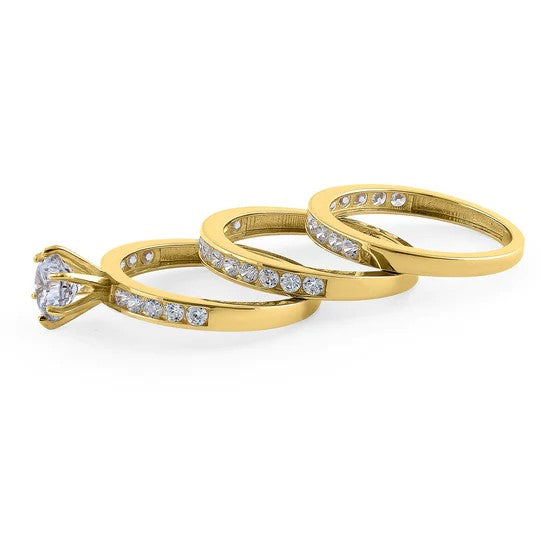 JB:ORZ160 Solid 14K Yellow Gold Round Cut Triple CZ Ring Engagement Set