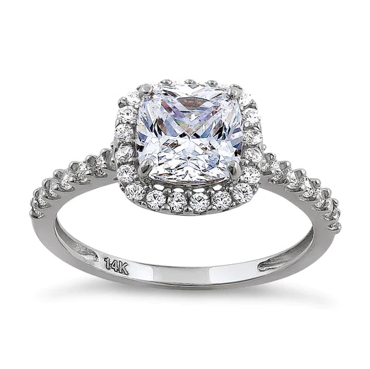 JB:ORZ132 Solid 14K White Gold Cushion Cut Halo CZ Engagement Ring