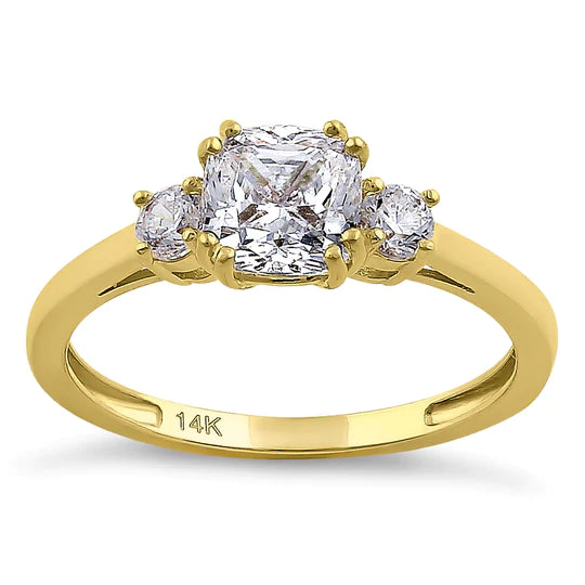 JB:ORZ179 Solid 14K Yellow Gold Cushion Cut Triple CZ Engagement Ring