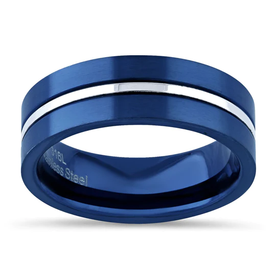 JB:TRP074 Blue Stainless Steel 6.5mm Satin Finish Striped Band Ring
