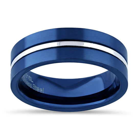 JB:TRP074 Blue Stainless Steel 6.5mm Satin Finish Striped Band Ring