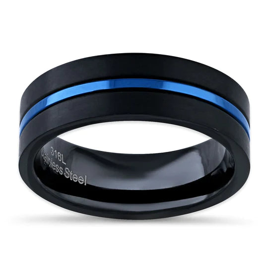 JB:TRP075 Black Stainless Steel 6.5mm Satin Finish Blue Striped Band Ring