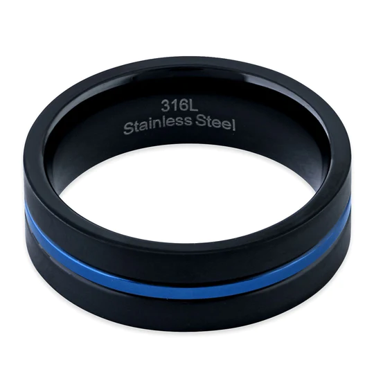 JB:TRP075 Black Stainless Steel 6.5mm Satin Finish Blue Striped Band Ring