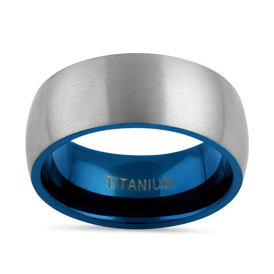 JB:TRP078 Titanium Silver and Blue 8mm Brushed Band Ring