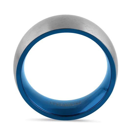 JB:TRP078 Titanium Silver and Blue 8mm Brushed Band Ring
