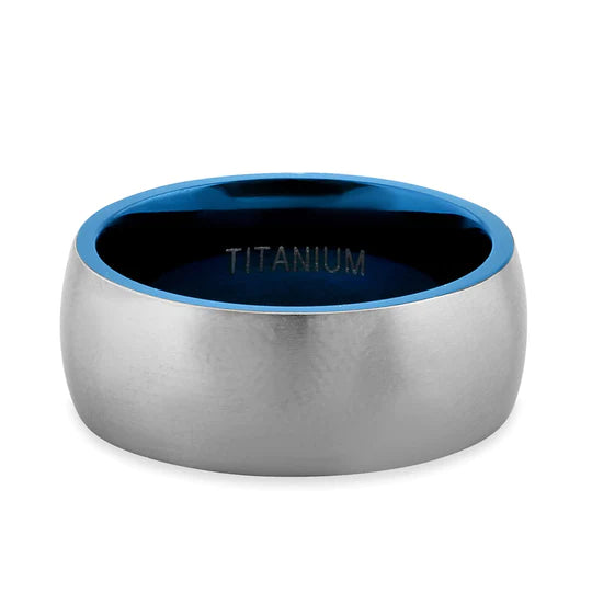 JB:TRP078 Titanium Silver and Blue 8mm Brushed Band Ring