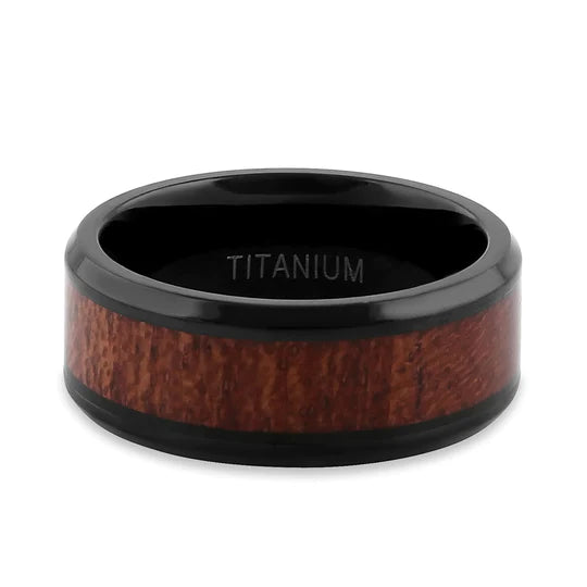 JB:TRP085 Titanium Black and Bubinga Wood 8mm Band Ring