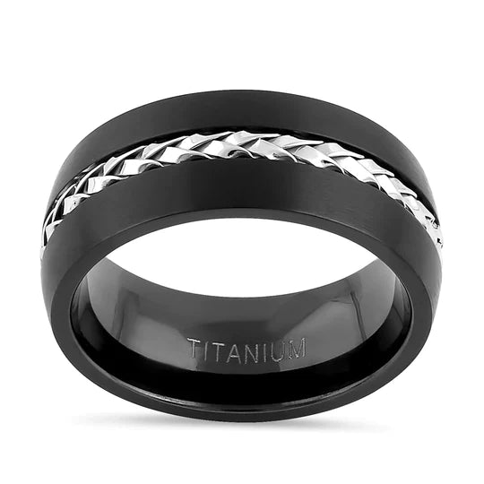 JB:TRP086 Titanium Black with Silver Steel Cable Band Ring