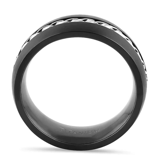 JB:TRP086 Titanium Black with Silver Steel Cable Band Ring