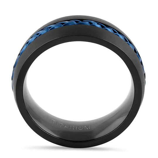JB:RTP087 Titanium Black with Blue Steel Cable Band Ring