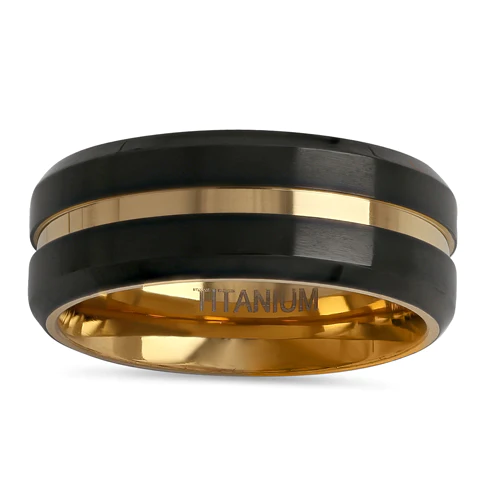 JB:TRK100 Titanium Black and Yellow Gold 8mm Brushed with Stripe Band Ring