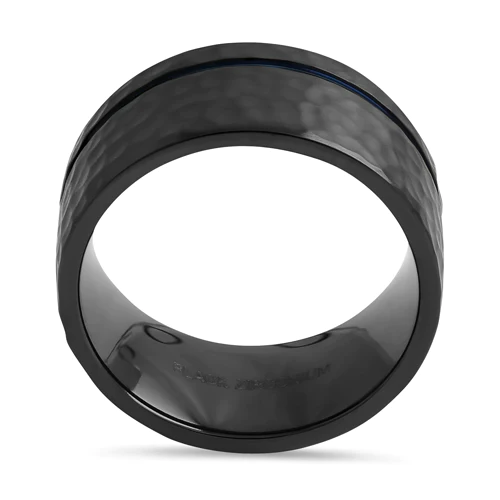 JB:TRK105 Black Zirconium with Blue Groove 10mm Hammered Brushed Band Ring