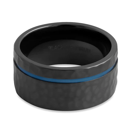 JB:TRK105 Black Zirconium with Blue Groove 10mm Hammered Brushed Band Ring