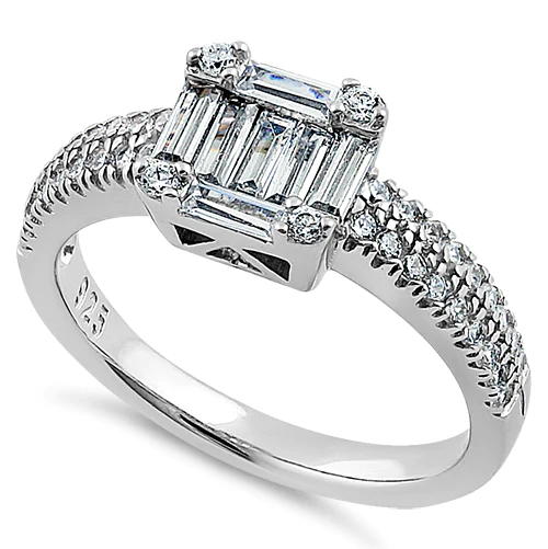 JB:DRZ6169 Sterling Silver Baguette Straight & Round Cut Clear CZ Engagement Ring It