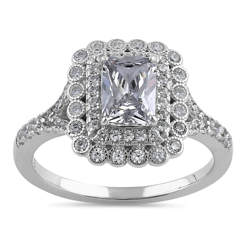 JB:SRZ6365 Sterling Silver Chic Emerald Cut Halo Clear CZ Engagement Ring