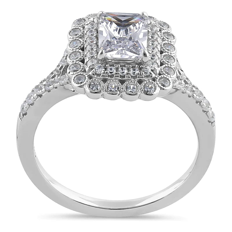JB:SRZ6365 Sterling Silver Chic Emerald Cut Halo Clear CZ Engagement Ring