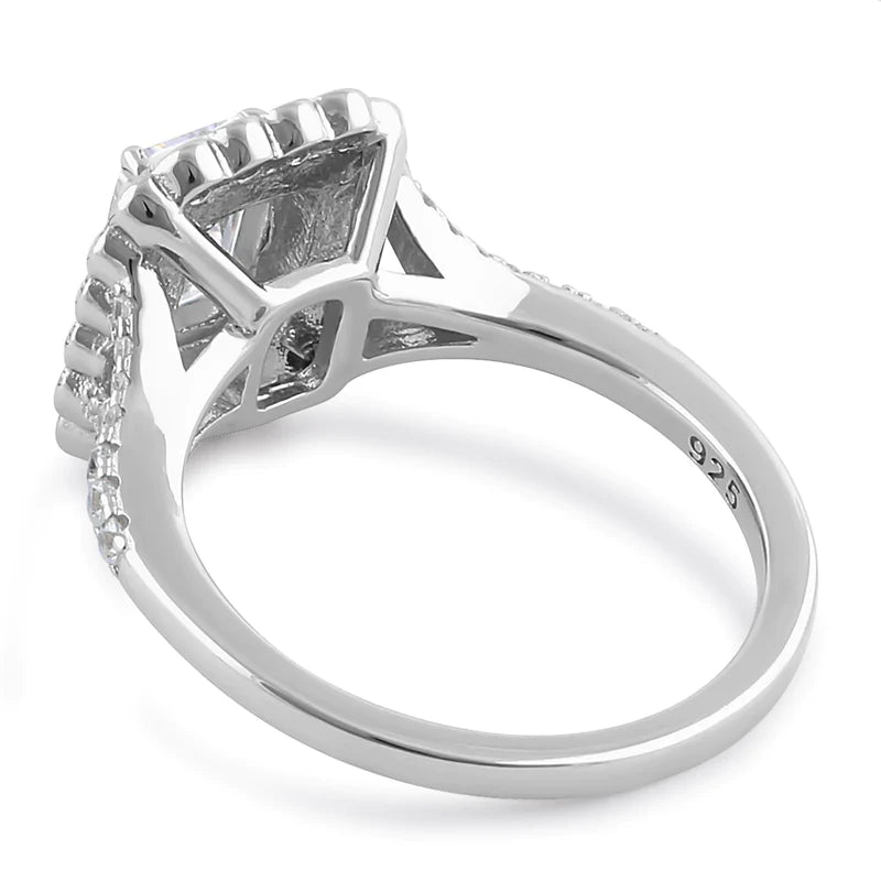 JB:SRZ6365 Sterling Silver Chic Emerald Cut Halo Clear CZ Engagement Ring