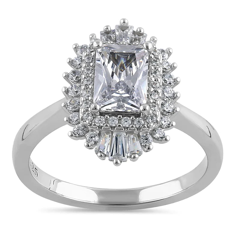 JB:SRZ6367 Sterling Silver Vintage Emerald Halo Clear CZ Engagement Ring