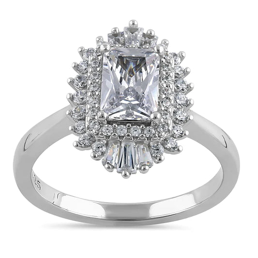 JB:SRZ6367 Sterling Silver Vintage Emerald Halo Clear CZ Engagement Ring
