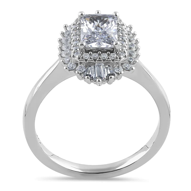 JB:SRZ6367 Sterling Silver Vintage Emerald Halo Clear CZ Engagement Ring