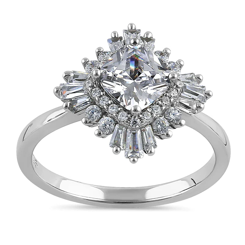 JB:SRZ6376 Sterling Silver Extravagant Cushion Halo Clear CZ Engagement Ring