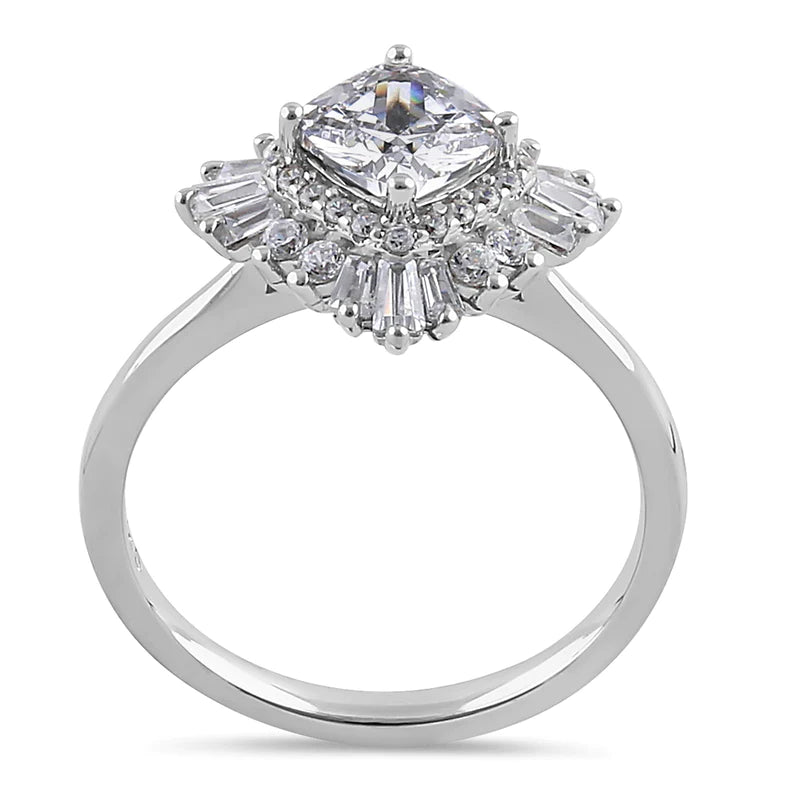 JB:SRZ6376 Sterling Silver Extravagant Cushion Halo Clear CZ Engagement Ring