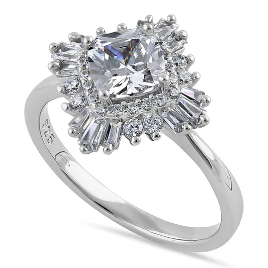 JB:SRZ6376 Sterling Silver Extravagant Cushion Halo Clear CZ Engagement Ring