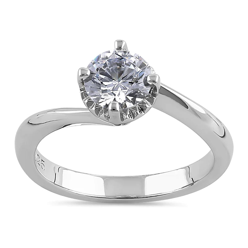 JB:SRZ6379 Sterling Silver Single Stone Curve Round Cut Clear CZ Engagement Ring