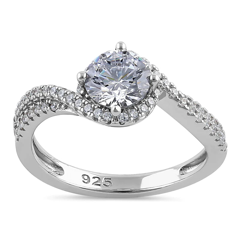 JB2030 Sterling Silver Elegant Halo Wave Round Cut Clear CZ Engagement Ring