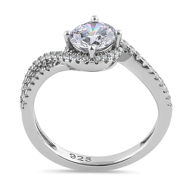 JB2030 Sterling Silver Elegant Halo Wave Round Cut Clear CZ Engagement Ring