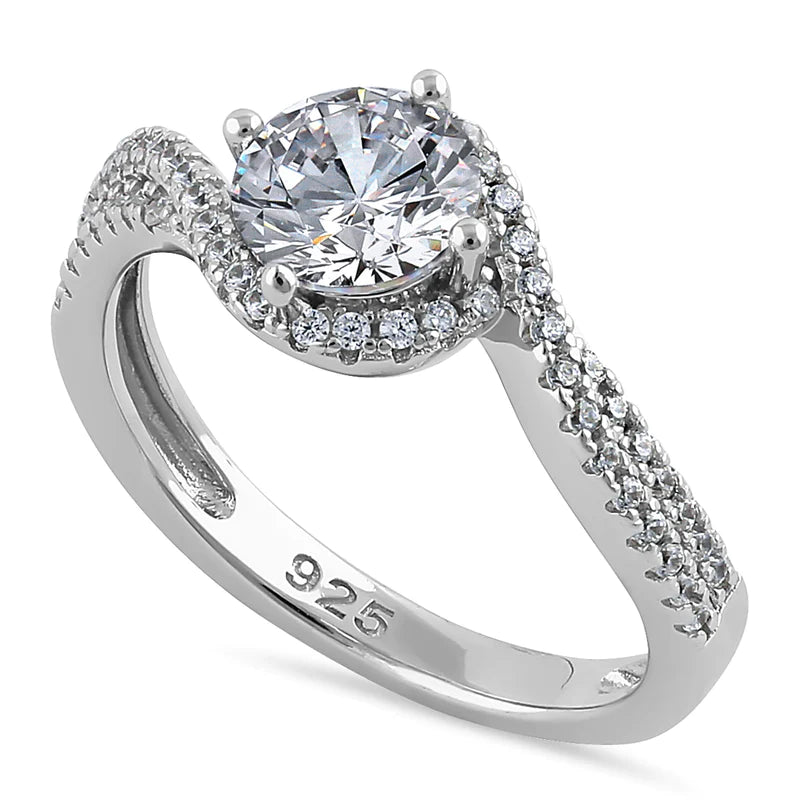 JB2030 Sterling Silver Elegant Halo Wave Round Cut Clear CZ Engagement Ring