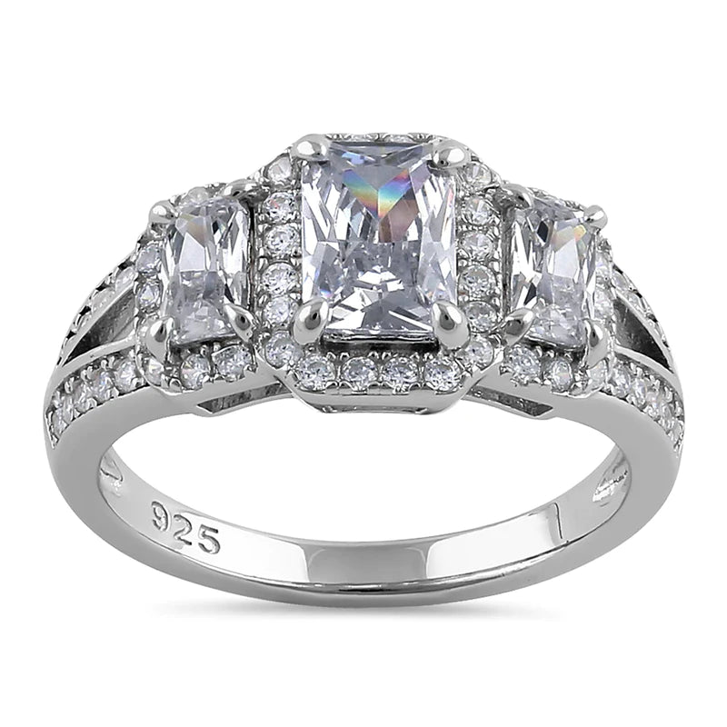 JB:SRZ6391 Sterling Silver Triple Rectangular Halo Clear CZ Engagement Ring