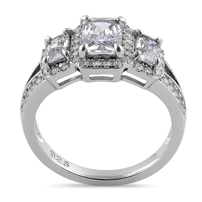 JB:SRZ6391 Sterling Silver Triple Rectangular Halo Clear CZ Engagement Ring