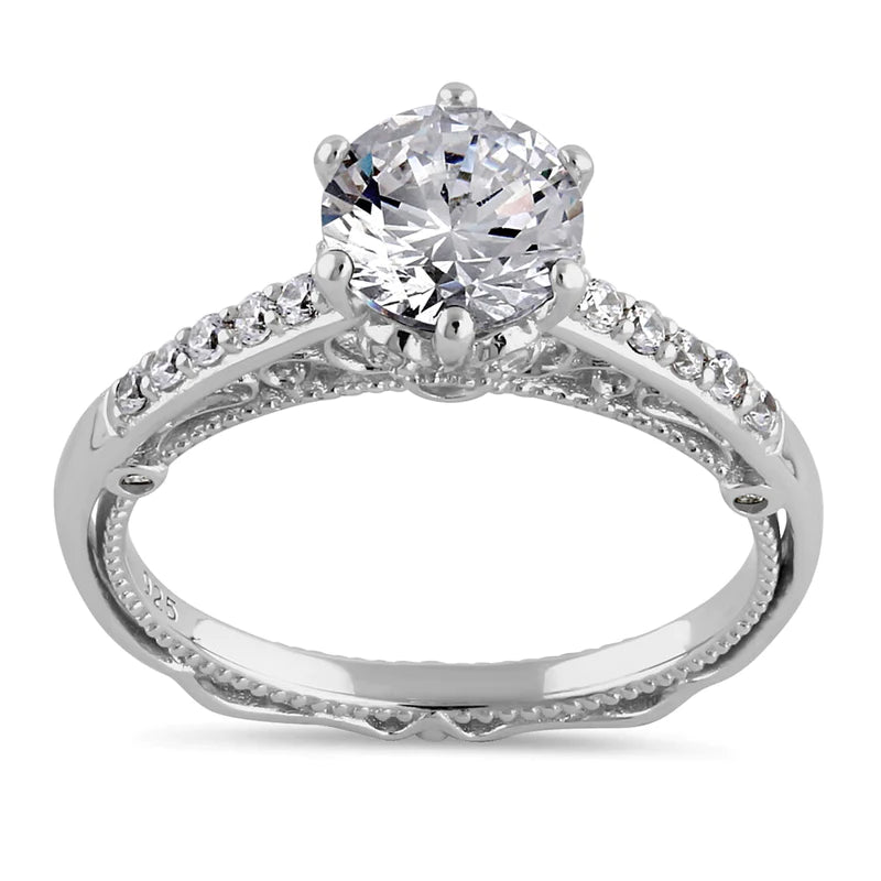 JB:SRZ6428 Sterling Silver Victorian Cathedral 7.0mm Round Cut Clear CZ Filigree Engagement Ring