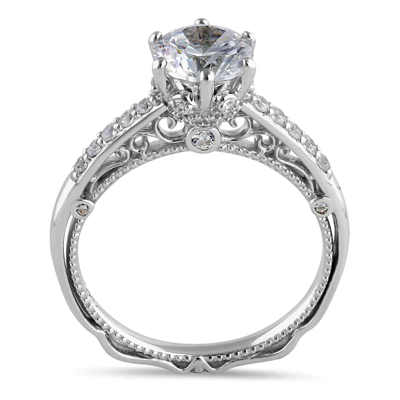 JB:SRZ6428 Sterling Silver Victorian Cathedral 7.0mm Round Cut Clear CZ Filigree Engagement Ring