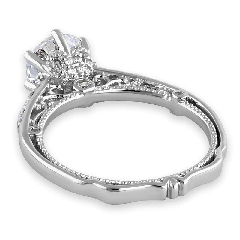 JB:SRZ6428 Sterling Silver Victorian Cathedral 7.0mm Round Cut Clear CZ Filigree Engagement Ring