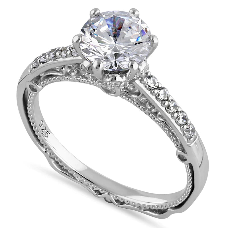 JB:SRZ6428 Sterling Silver Victorian Cathedral 7.0mm Round Cut Clear CZ Filigree Engagement Ring