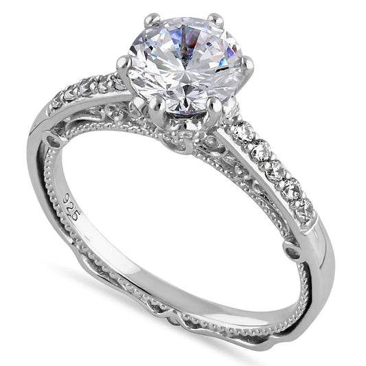 JB:SRZ6428 Sterling Silver Victorian Cathedral 7.0mm Round Cut Clear CZ Filigree Engagement Ring