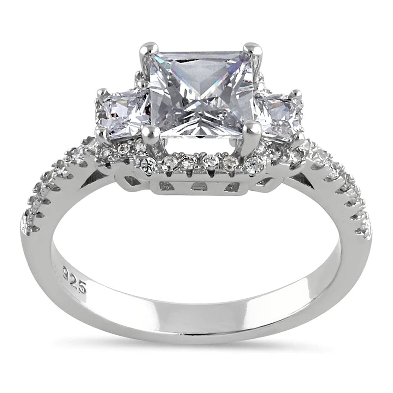 JB:SRZ6429 Sterling Silver Cathedral Triple Princess Cut Halo Clear CZ Engagement Ring